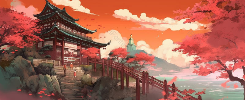 国风山水建筑日落余晖红色天空传统建筑古典插画,插画/手绘图,插画/手绘图库,插画/手绘图下载,插画/手绘